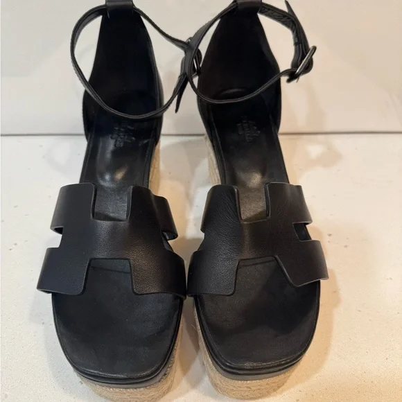 Hermes Elda Black Leather Wedge Sandals Espadrilles size 38 women’s. - Picture 2 of 7